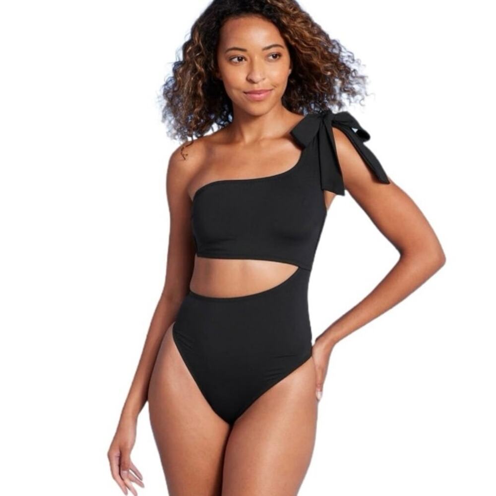 NEW Shade & Shore One Shoulder Cutout Swimsuit Bow Detail Black Chic S 4/6